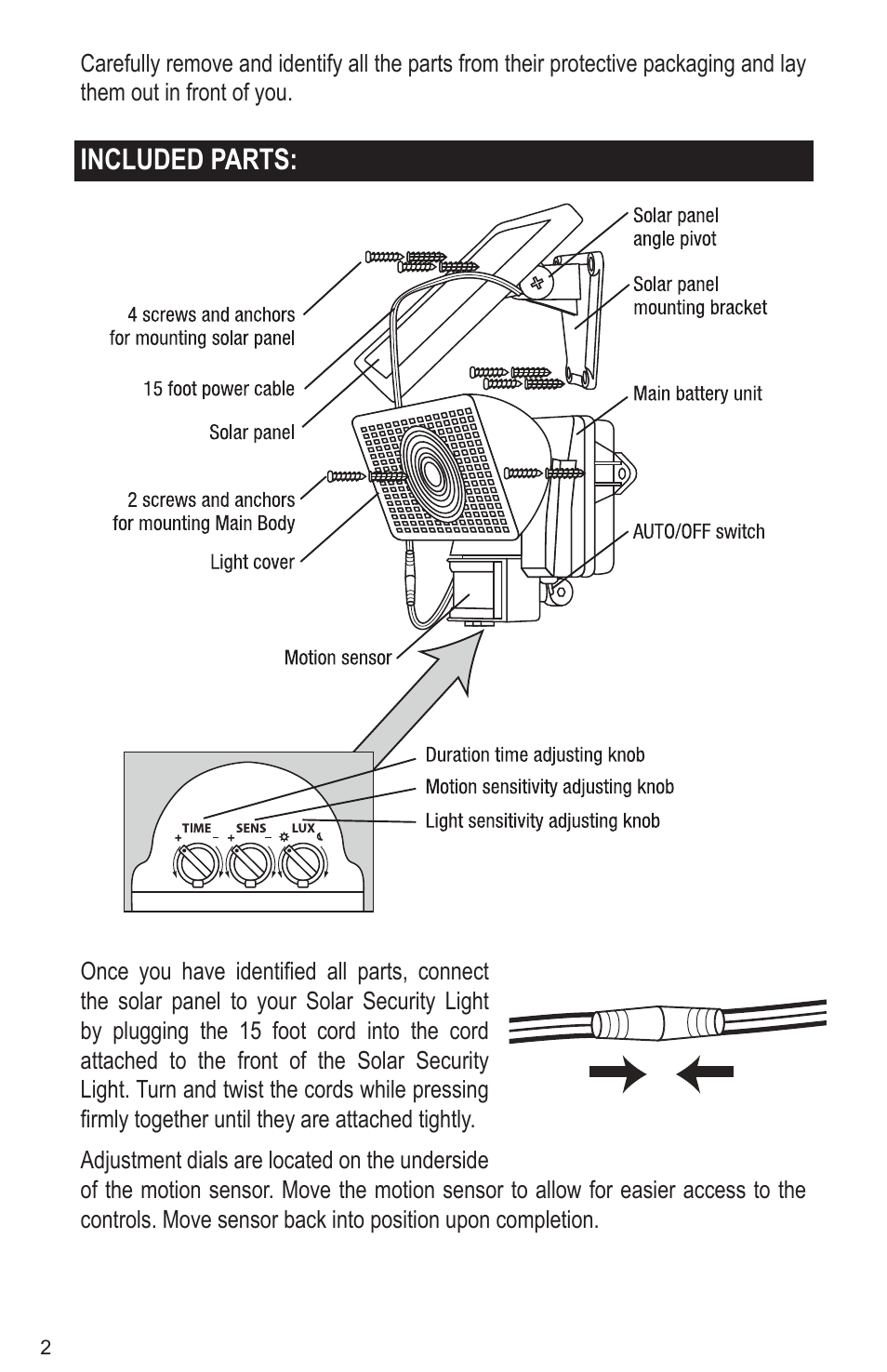 Included parts | Maxsa Innovations Solar-Powered Motion-Activated 80 LED Security Floodlight User Manual | Page 2 / 8