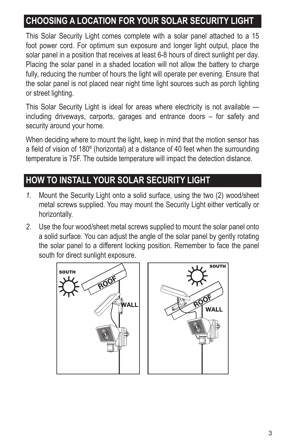 Choosing a location for your solar security light, How to install your solar security light | Maxsa Innovations Solar-Powered Motion-Activated 80 LED Security Floodlight User Manual | Page 3 / 8