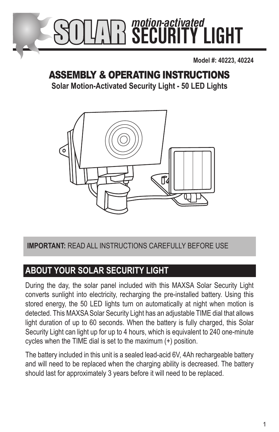 Maxsa Innovations Solar-Powered 50 LED Motion-Activated Outdoor Security Floodlight User Manual | 8 pages