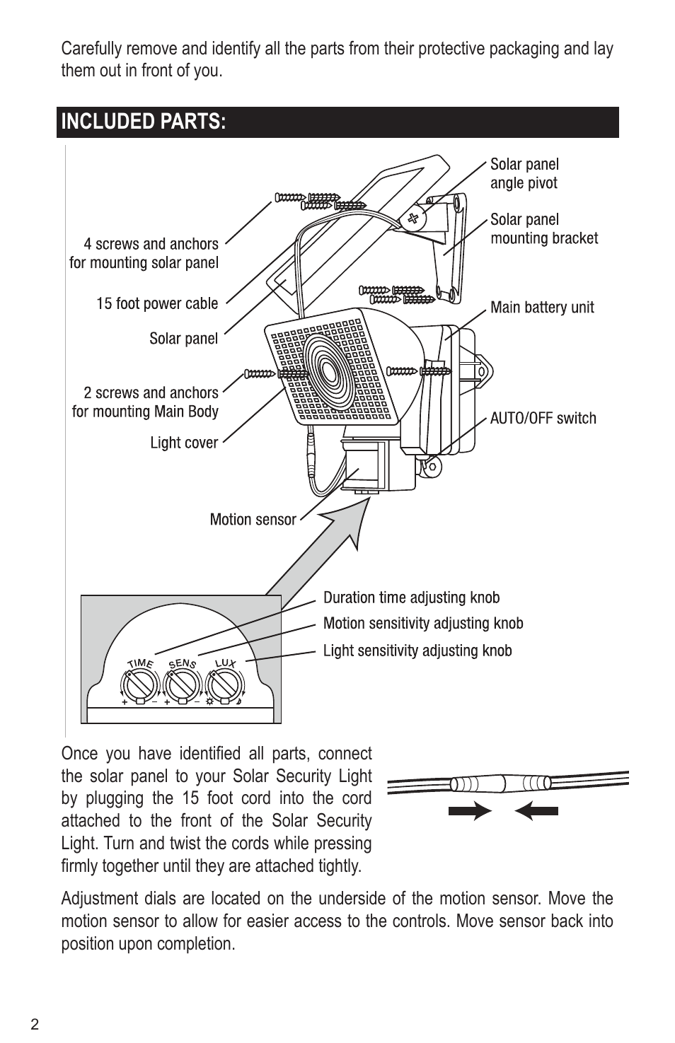 Included parts | Maxsa Innovations Solar-Powered 50 LED Motion-Activated Outdoor Security Floodlight User Manual | Page 2 / 8