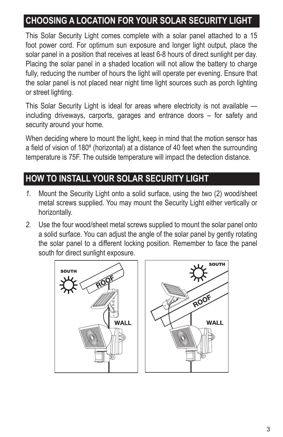 Choosing a location for your solar security light, How to install your solar security light | Maxsa Innovations Solar-Powered 50 LED Motion-Activated Outdoor Security Floodlight User Manual | Page 3 / 8