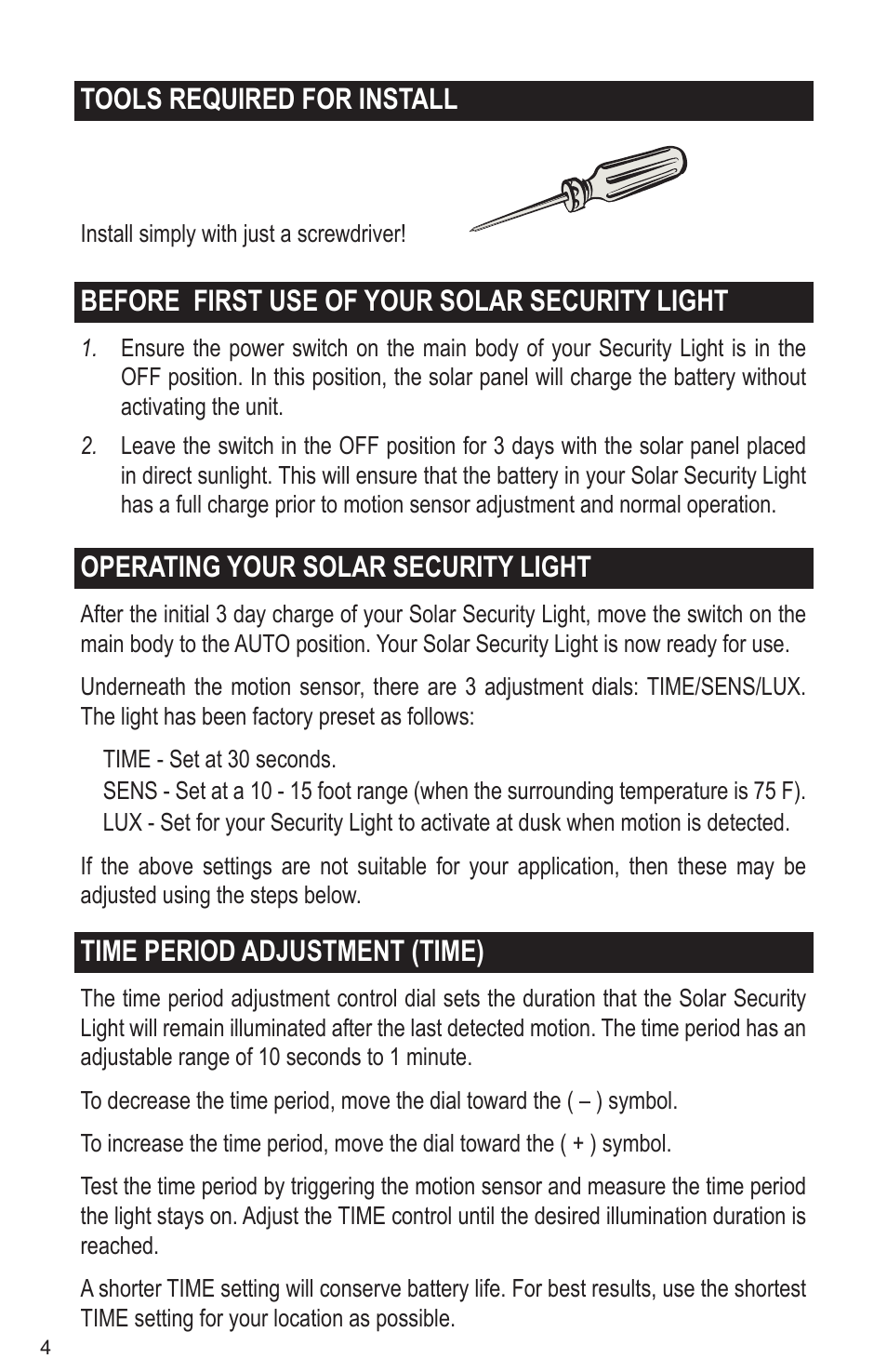 Tools required for install, Before first use of your solar security light, Operating your solar security light | Time period adjustment (time) | Maxsa Innovations Solar-Powered 50 LED Motion-Activated Outdoor Security Floodlight User Manual | Page 4 / 8