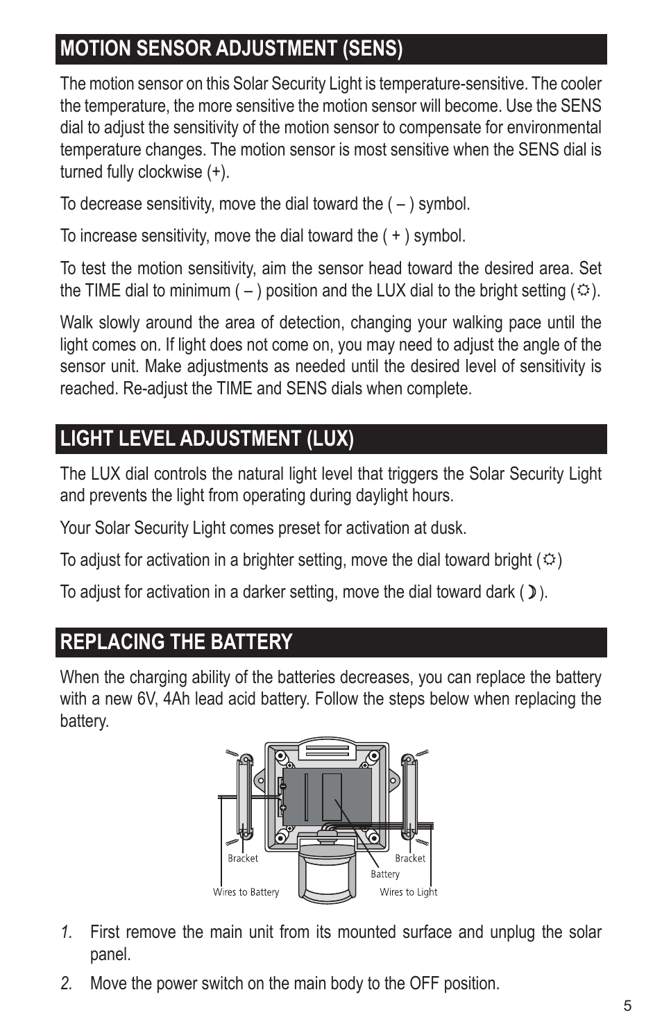 Motion sensor adjustment (sens), Light level adjustment (lux), Replacing the battery | Maxsa Innovations Solar-Powered 50 LED Motion-Activated Outdoor Security Floodlight User Manual | Page 5 / 8