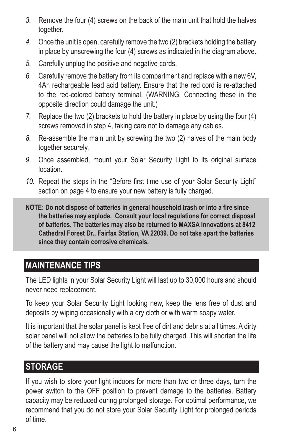 Maintenance tips, Storage | Maxsa Innovations Solar-Powered 50 LED Motion-Activated Outdoor Security Floodlight User Manual | Page 6 / 8