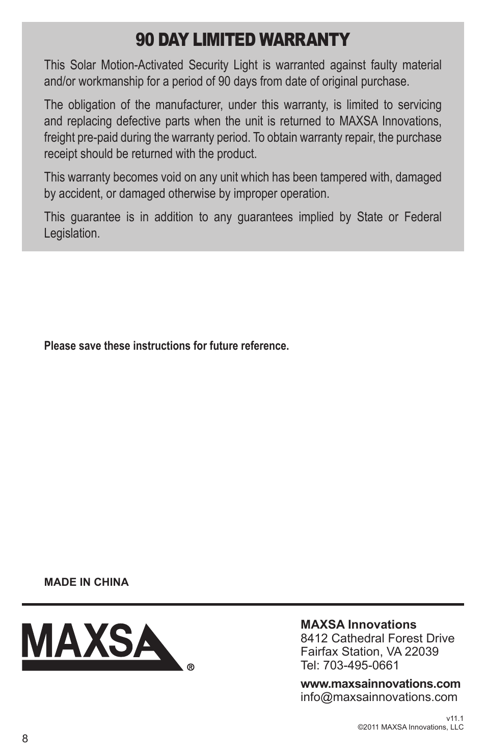 90 day limited warranty | Maxsa Innovations Solar-Powered 50 LED Motion-Activated Outdoor Security Floodlight User Manual | Page 8 / 8