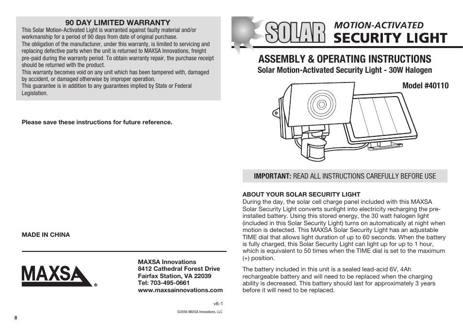 Maxsa Innovations Solar-Powered 30 Watt Motion-Activated Outdoor Security Floodlight User Manual | 4 pages