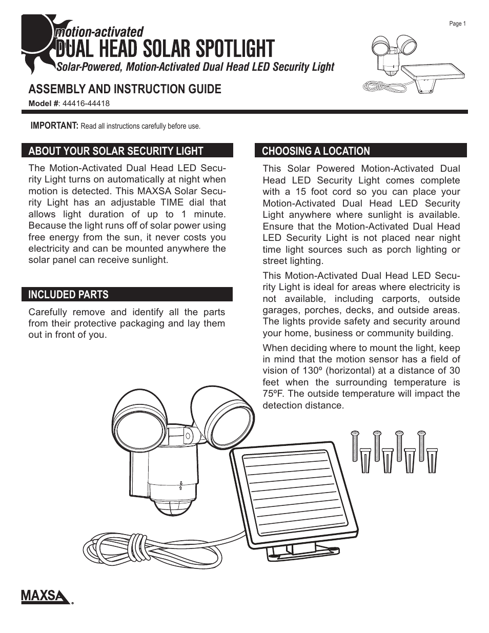 Maxsa Innovations Dual Head Solar LED Spotlight User Manual | 4 pages
