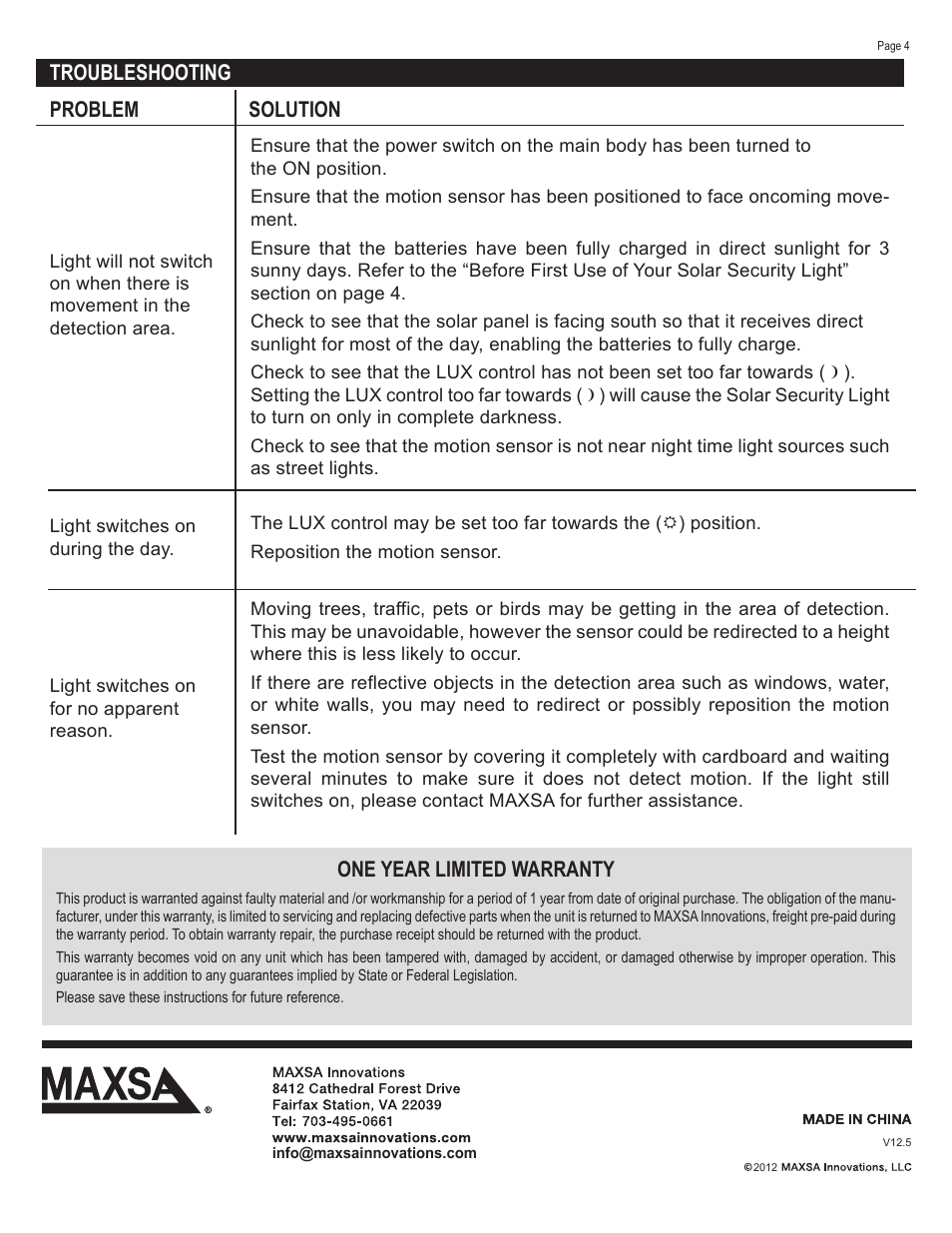 One year limited warranty, Troubleshooting problem solution | Maxsa Innovations Dual Head Solar LED Spotlight User Manual | Page 4 / 4