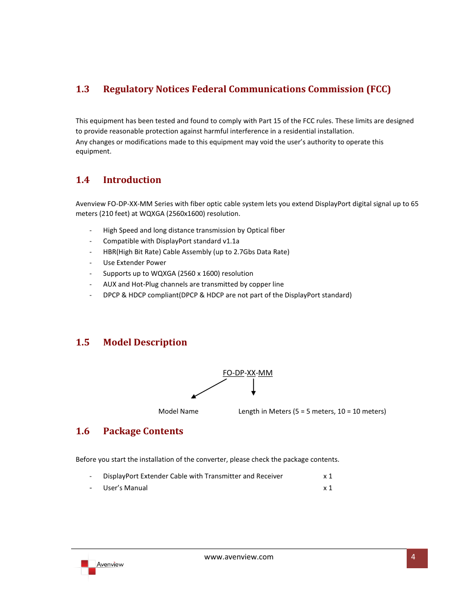Introduction, Model description, Package contents | 4 introduction, 5 model description, 6 package contents | Avenview FO-DP-XX-MM User Manual | Page 4 / 11