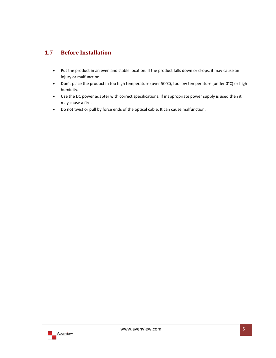 Before installation, 7 before installation | Avenview FO-DP-XX-MM User Manual | Page 5 / 11
