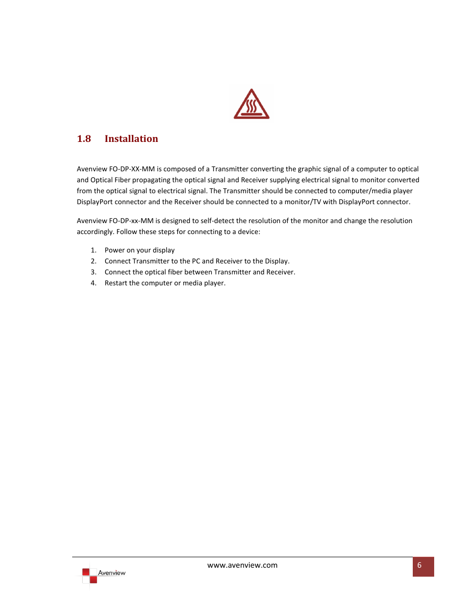 Installation | Avenview FO-DP-XX-MM User Manual | Page 6 / 11