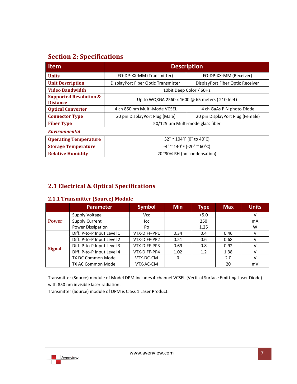Section 2: specifications, 1 electrical & optical specifications, 1 transmitter (source) module | Avenview FO-DP-XX-MM User Manual | Page 7 / 11