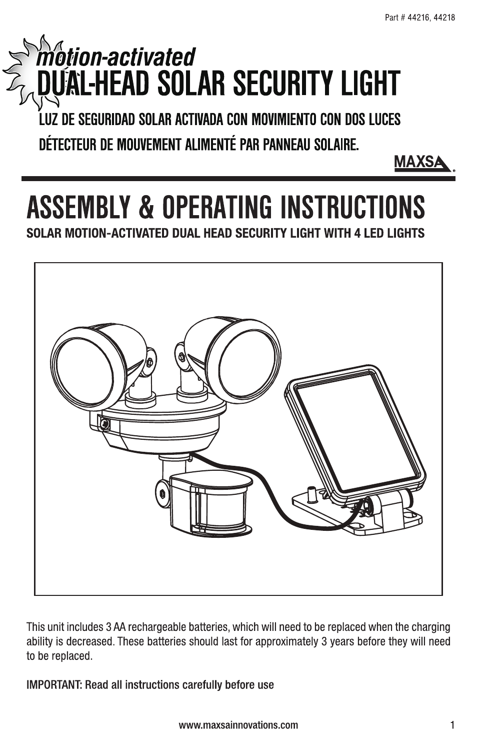 Maxsa Innovations Solar Powered Dual-Head Security Light User Manual | 16 pages