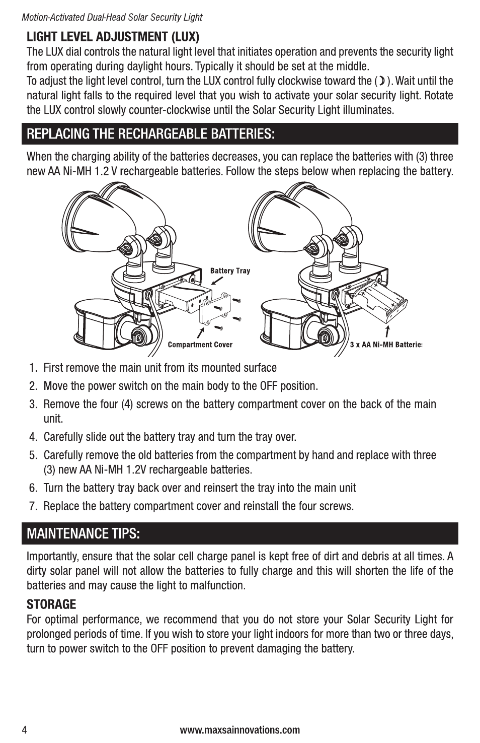 Maxsa Innovations Solar Powered Dual-Head Security Light User Manual | Page 4 / 16