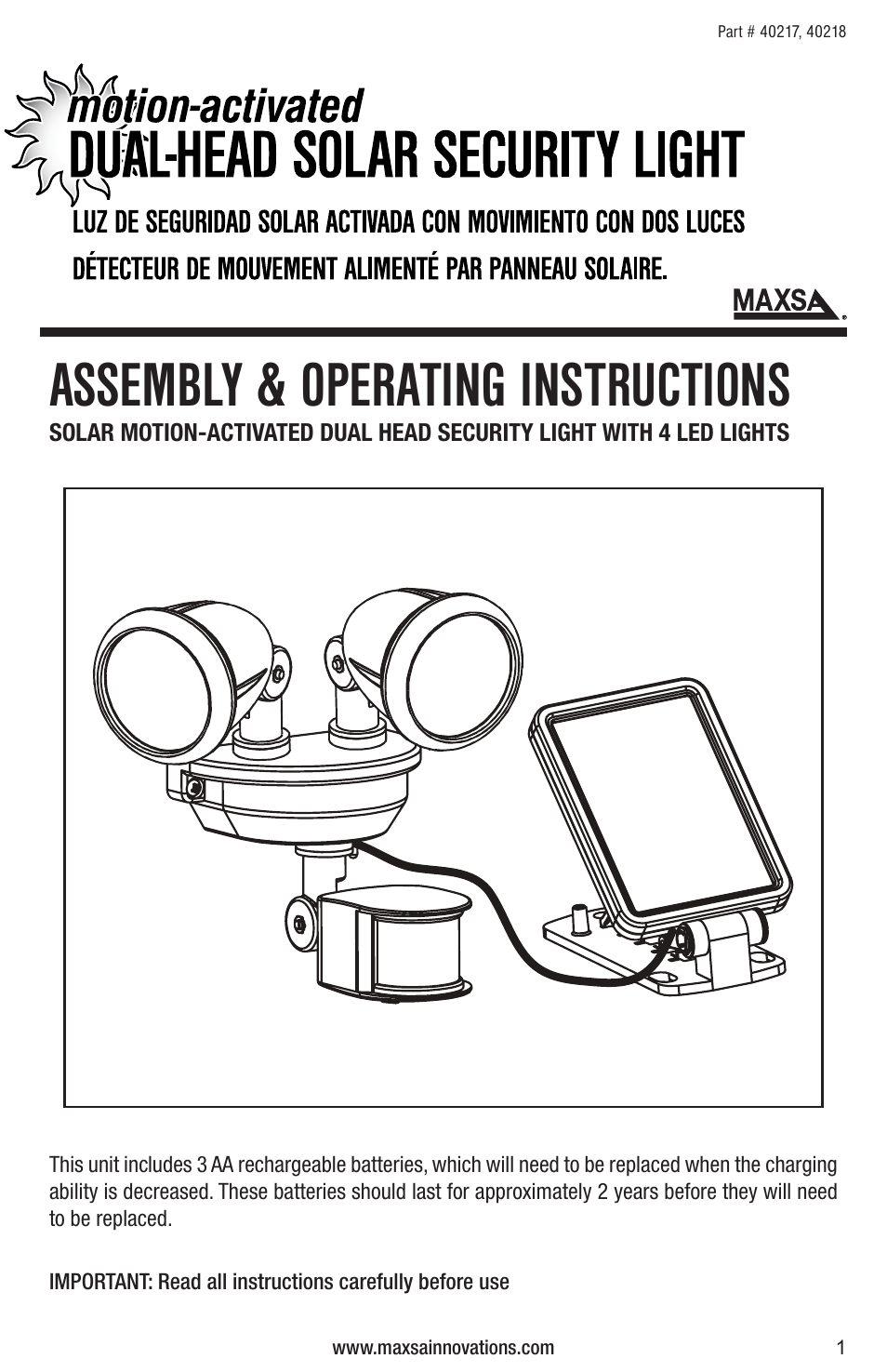 Maxsa Innovations Solar-Powered Dual Head LED Security Spotlight User Manual | 16 pages