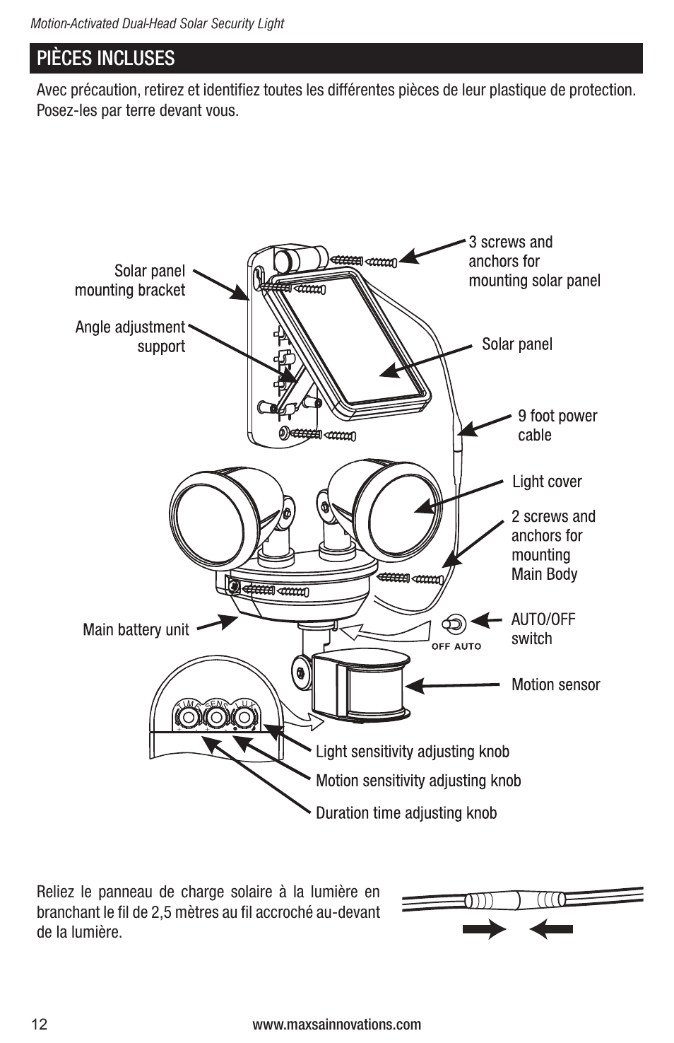Pièces incluses | Maxsa Innovations Solar-Powered Dual Head LED Security Spotlight User Manual | Page 12 / 16