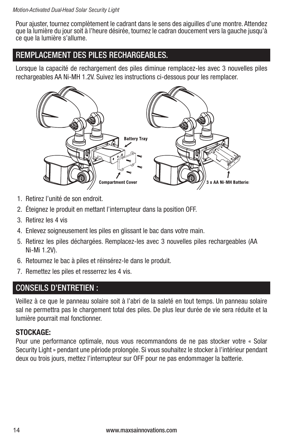 Remplacement des piles rechargeables, Conseils d’entretien | Maxsa Innovations Solar-Powered Dual Head LED Security Spotlight User Manual | Page 14 / 16