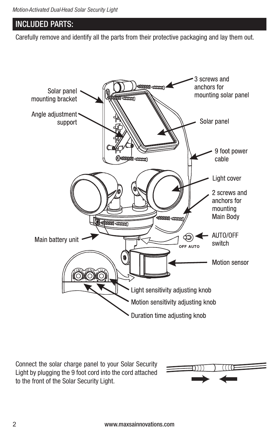 Included parts | Maxsa Innovations Solar-Powered Dual Head LED Security Spotlight User Manual | Page 2 / 16