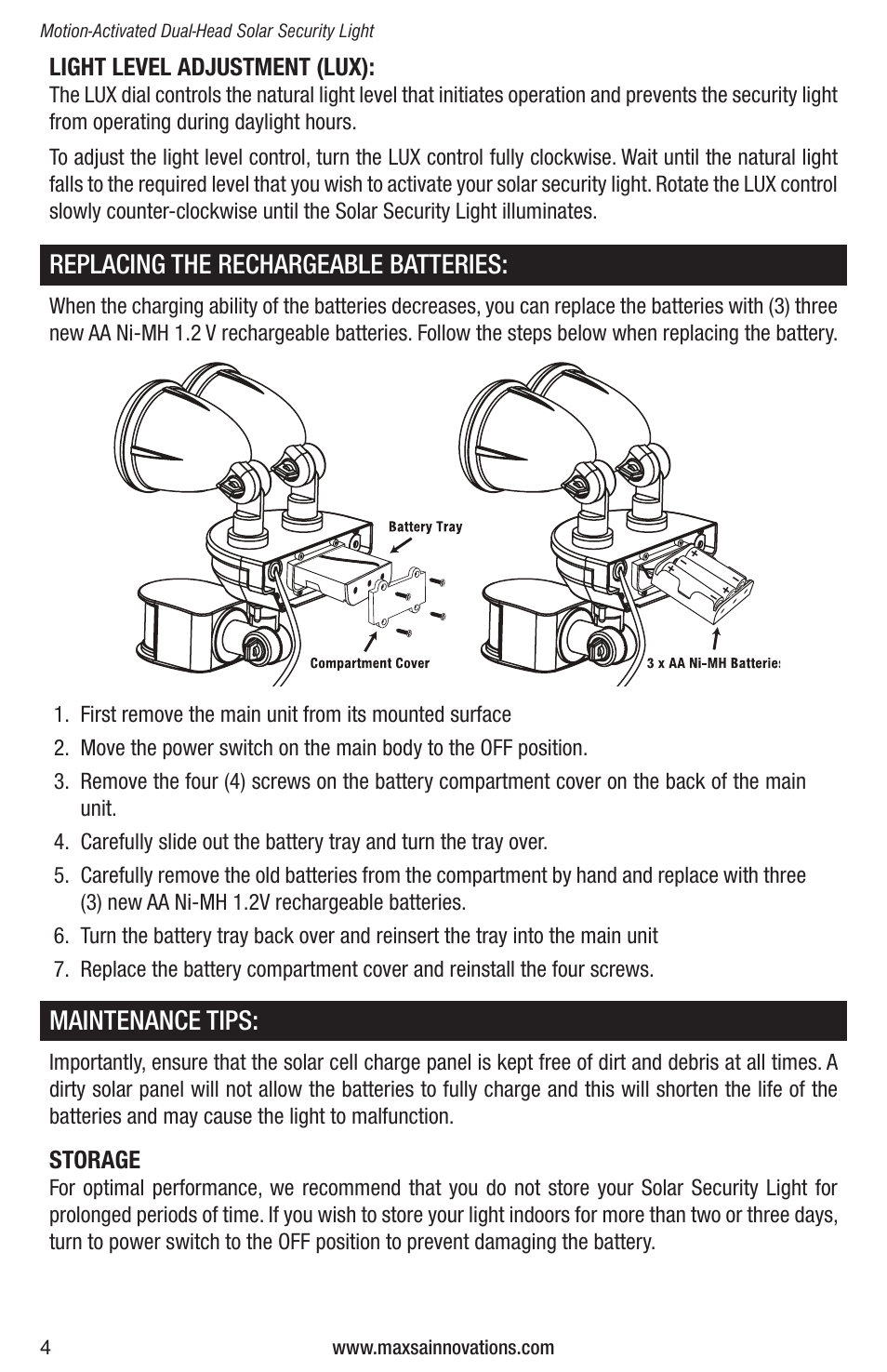 Replacing the rechargeable batteries, Maintenance tips | Maxsa Innovations Solar-Powered Dual Head LED Security Spotlight User Manual | Page 4 / 16