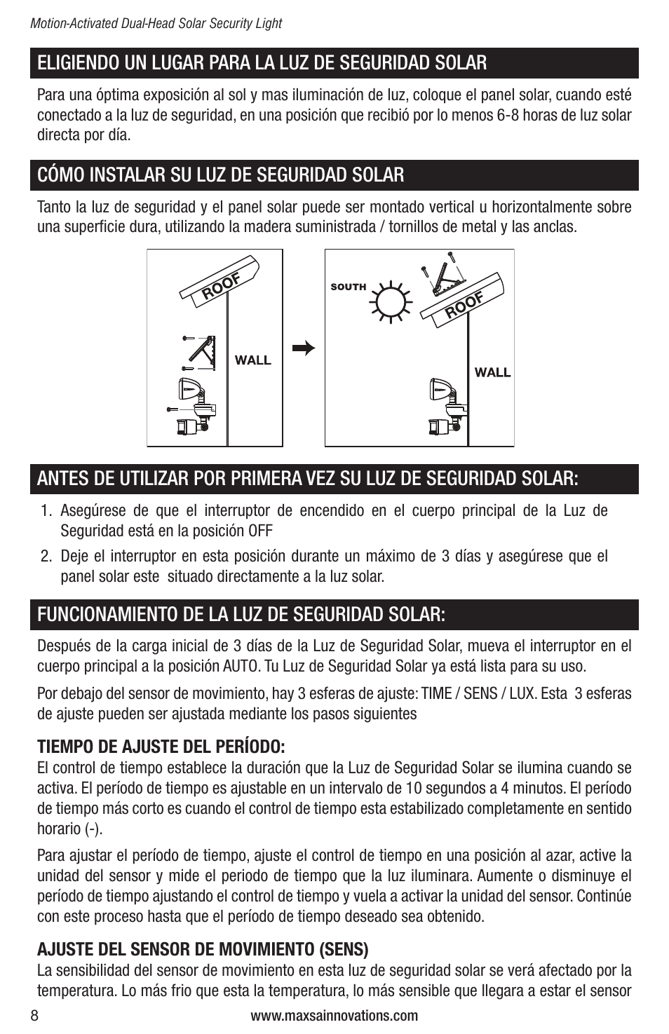 Maxsa Innovations Solar-Powered Dual Head LED Security Spotlight User Manual | Page 8 / 16