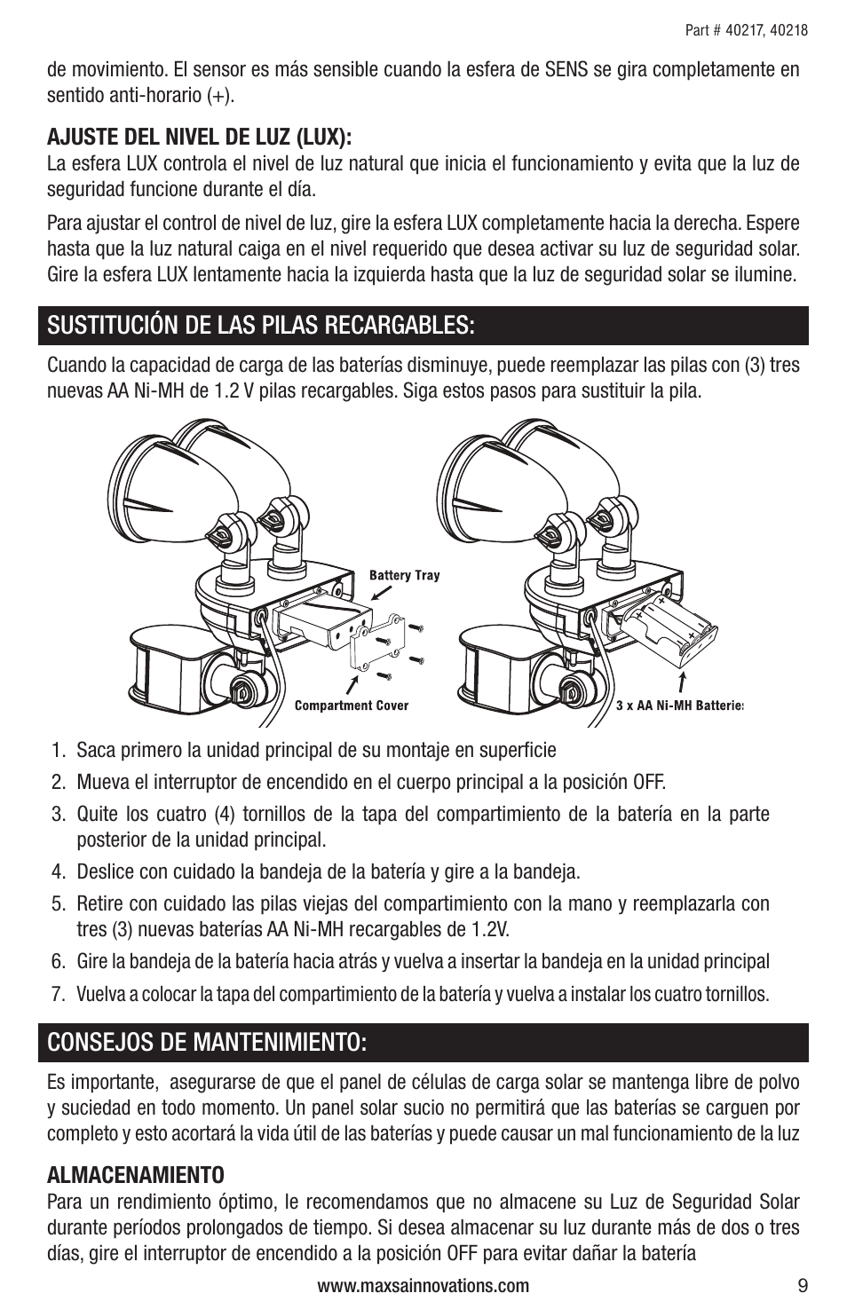 Sustitución de las pilas recargables, Consejos de mantenimiento | Maxsa Innovations Solar-Powered Dual Head LED Security Spotlight User Manual | Page 9 / 16