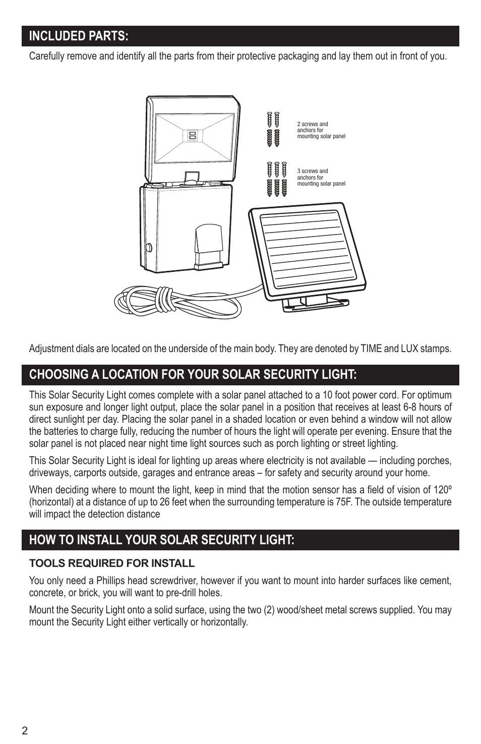 Included parts, Choosing a location for your solar security light, How to install your solar security light | Maxsa Innovations Solar-Powered LED Security Spotlight User Manual | Page 2 / 6