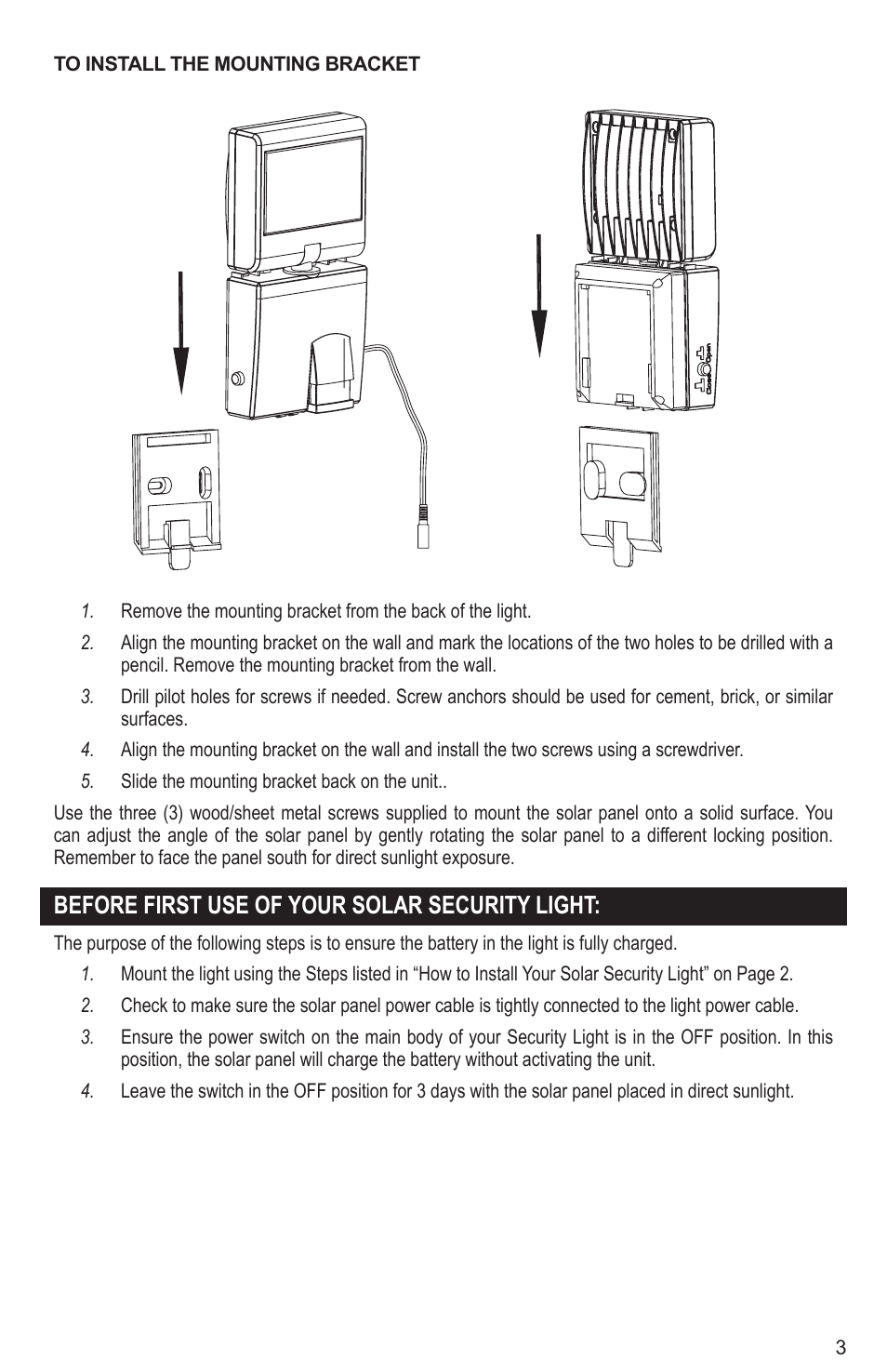 Before first use of your solar security light | Maxsa Innovations Solar-Powered LED Security Spotlight User Manual | Page 3 / 6