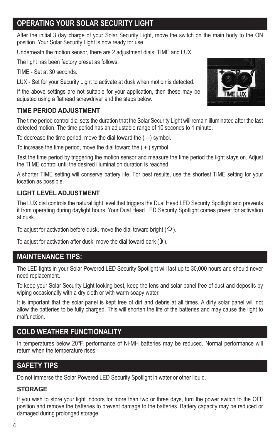 Operating your solar security light, Maintenance tips, Cold weather functionality | Safety tips | Maxsa Innovations Solar-Powered LED Security Spotlight User Manual | Page 4 / 6