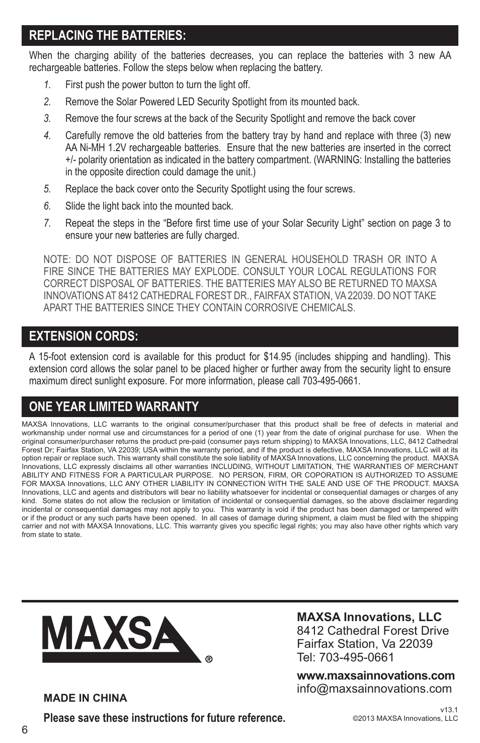 Replacing the batteries, Extension cords, One year limited warranty | Maxsa Innovations Solar-Powered LED Security Spotlight User Manual | Page 6 / 6