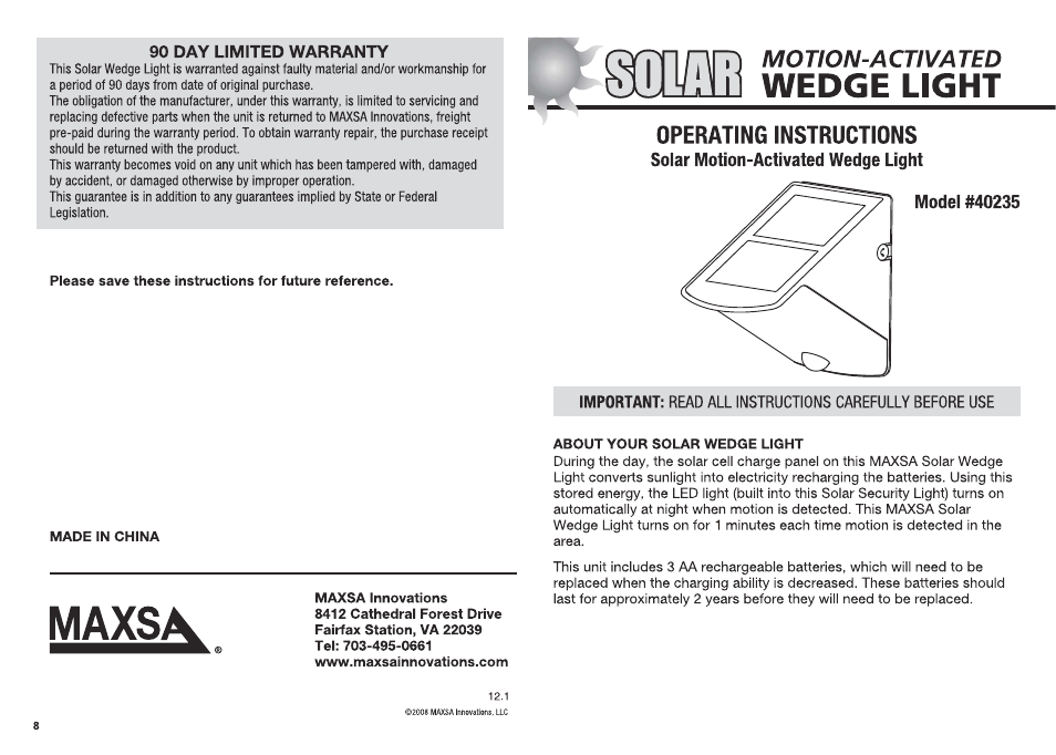 Maxsa Innovations Solar-Powered Motion-Activated Wedge Light User Manual | 4 pages