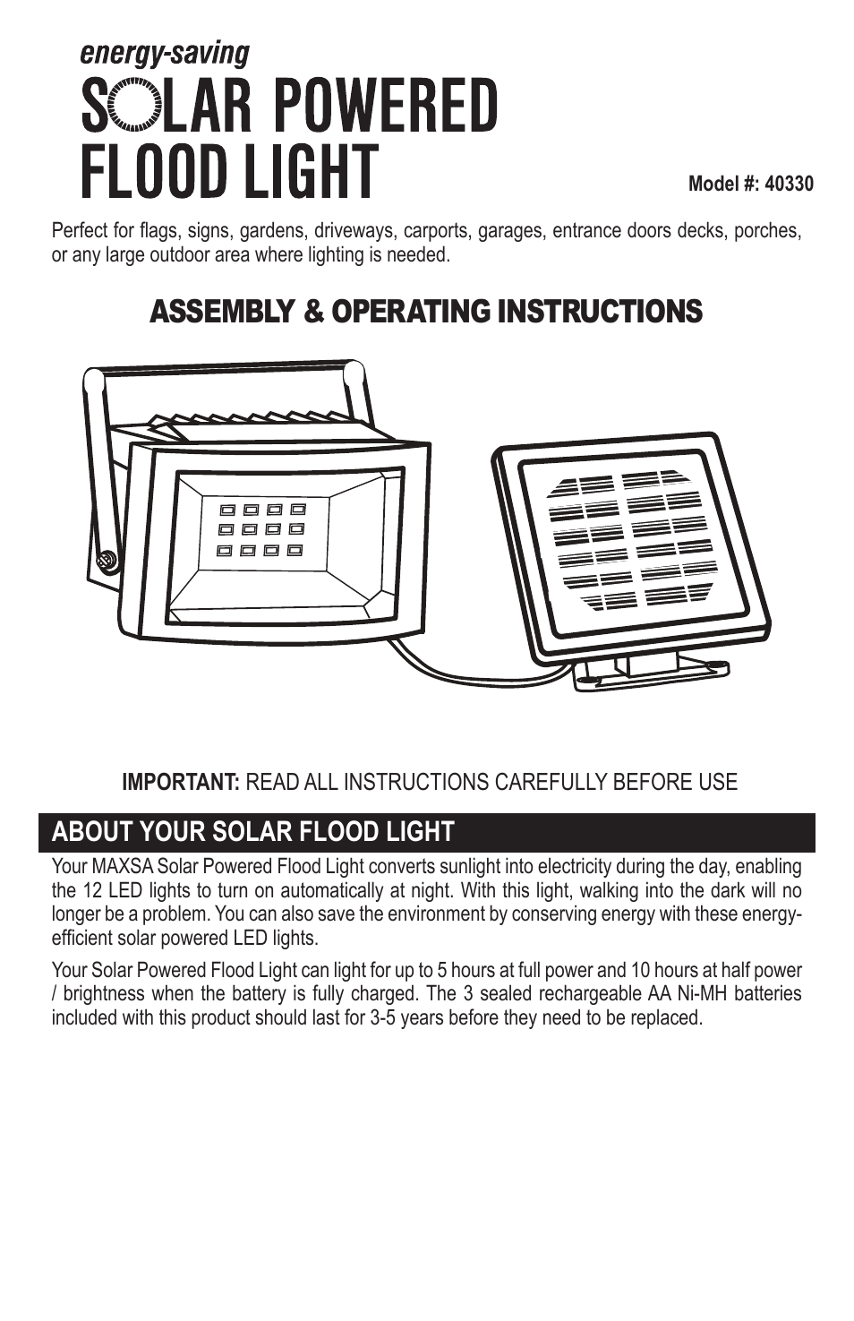 Maxsa Innovations Solar-Powered Flood Light User Manual | 6 pages