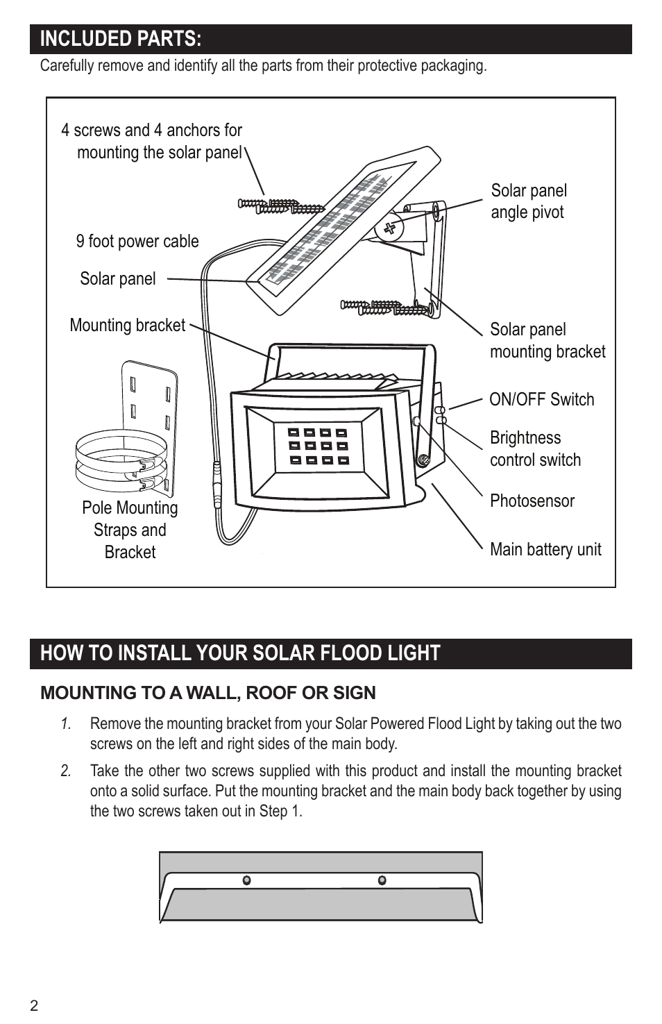 Included parts, How to install your solar flood light | Maxsa Innovations Solar-Powered Flood Light User Manual | Page 2 / 6