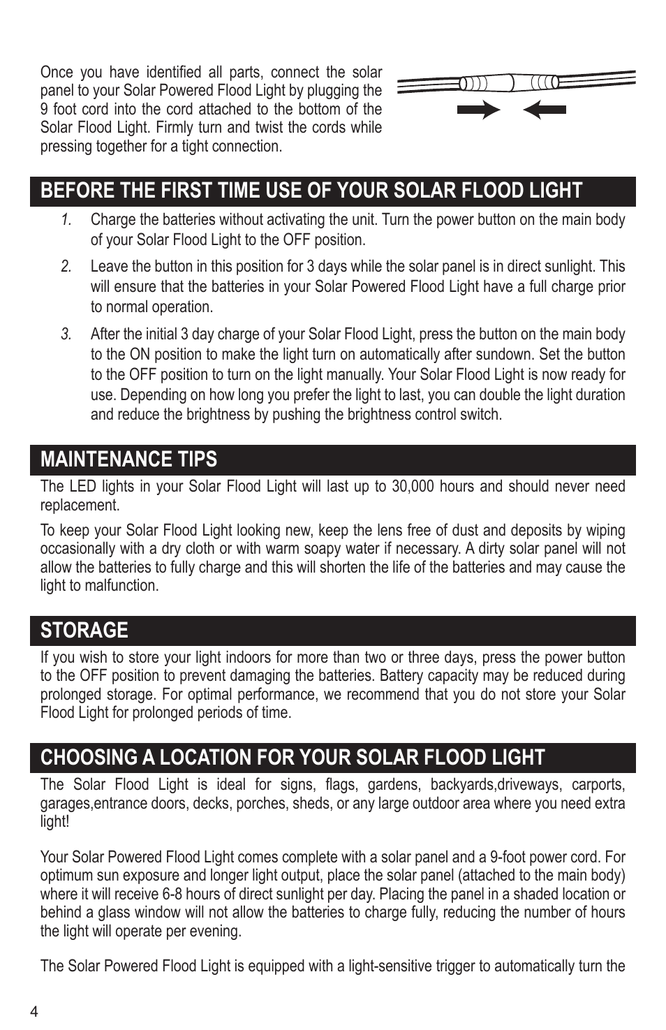 Maintenance tips, Storage, Choosing a location for your solar flood light | Maxsa Innovations Solar-Powered Flood Light User Manual | Page 4 / 6