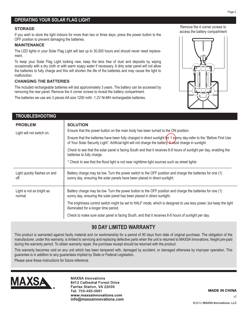 90 day limited warranty | Maxsa Innovations LED Flag Light User Manual | Page 2 / 2