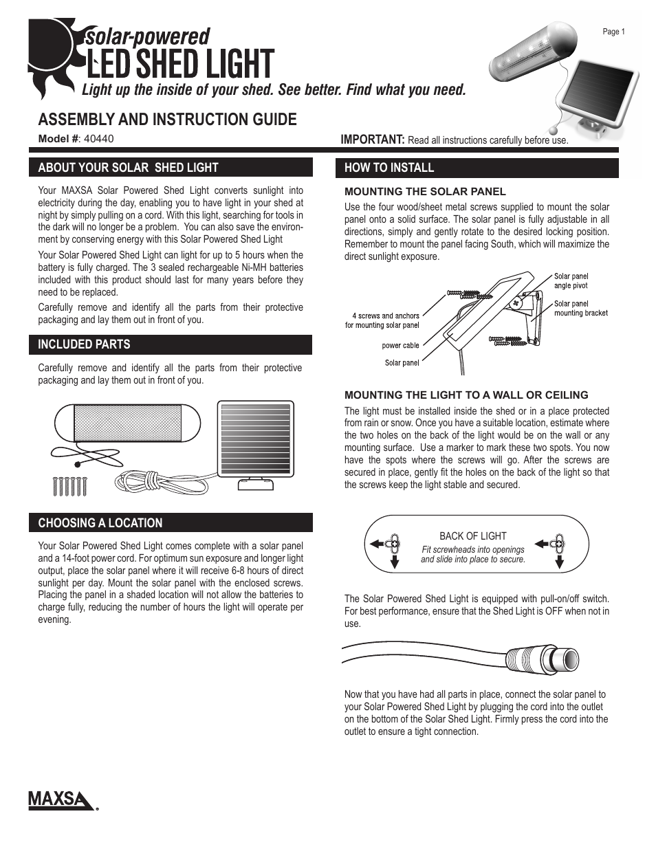 Maxsa Innovations LED Shed Light User Manual | 2 pages