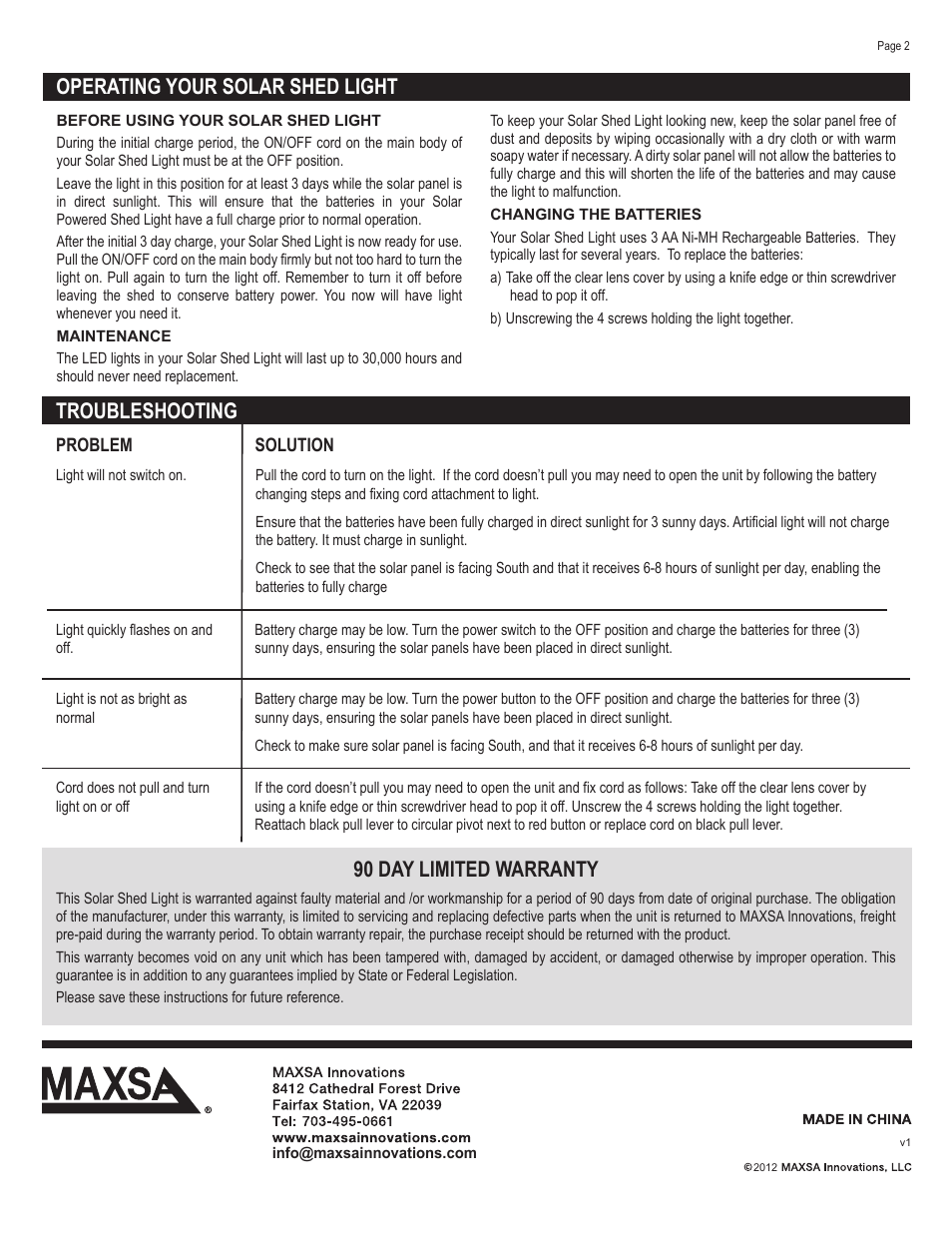 90 day limited warranty, Troubleshooting, Operating your solar shed light | Maxsa Innovations LED Shed Light User Manual | Page 2 / 2