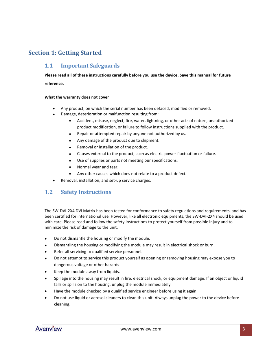 Section 1: getting started, Important safeguards, Safety instructions | 1 important safeguards, 2 safety instructions | Avenview SW-DVI-2X4 User Manual | Page 3 / 10