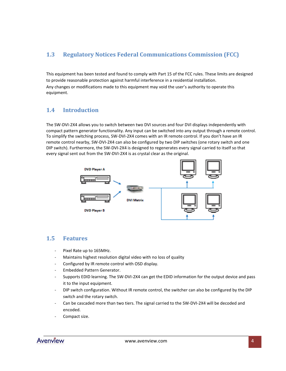 Introduction, Features, 4 introduction | 5 features | Avenview SW-DVI-2X4 User Manual | Page 4 / 10