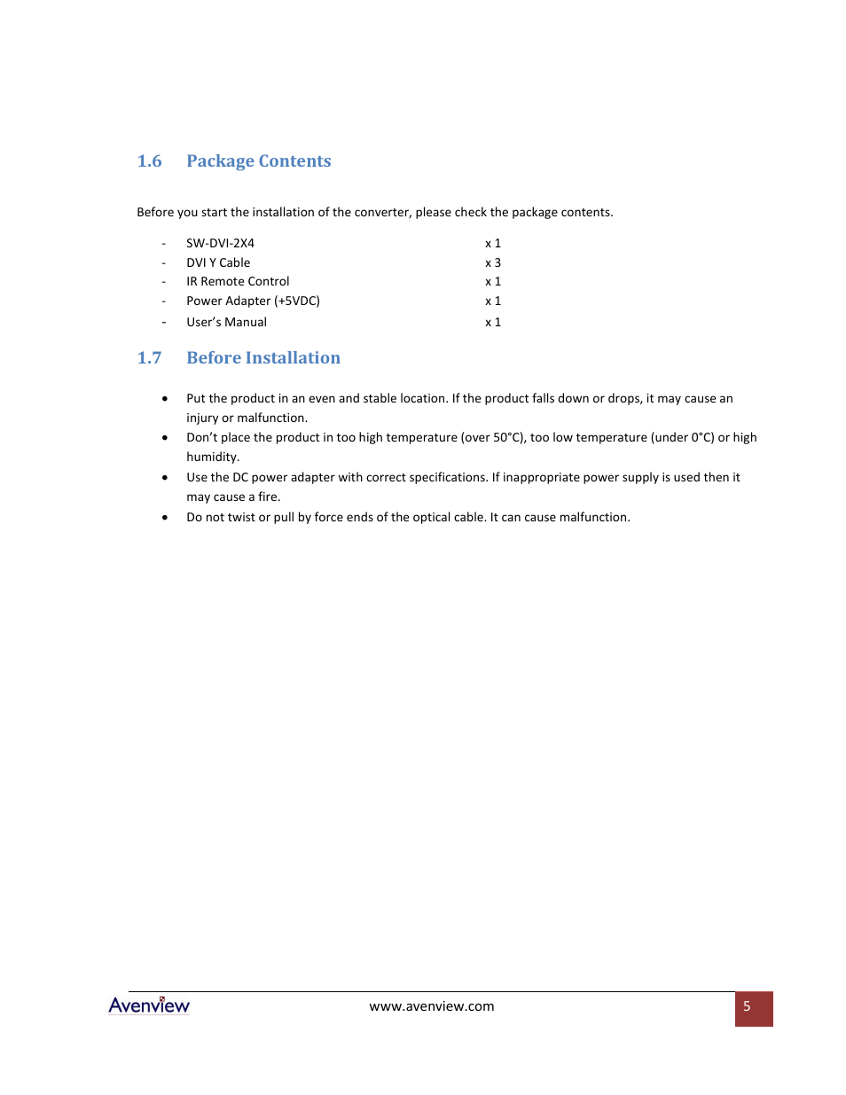 Package contents, Before installation, 6 package contents | 7 before installation | Avenview SW-DVI-2X4 User Manual | Page 5 / 10