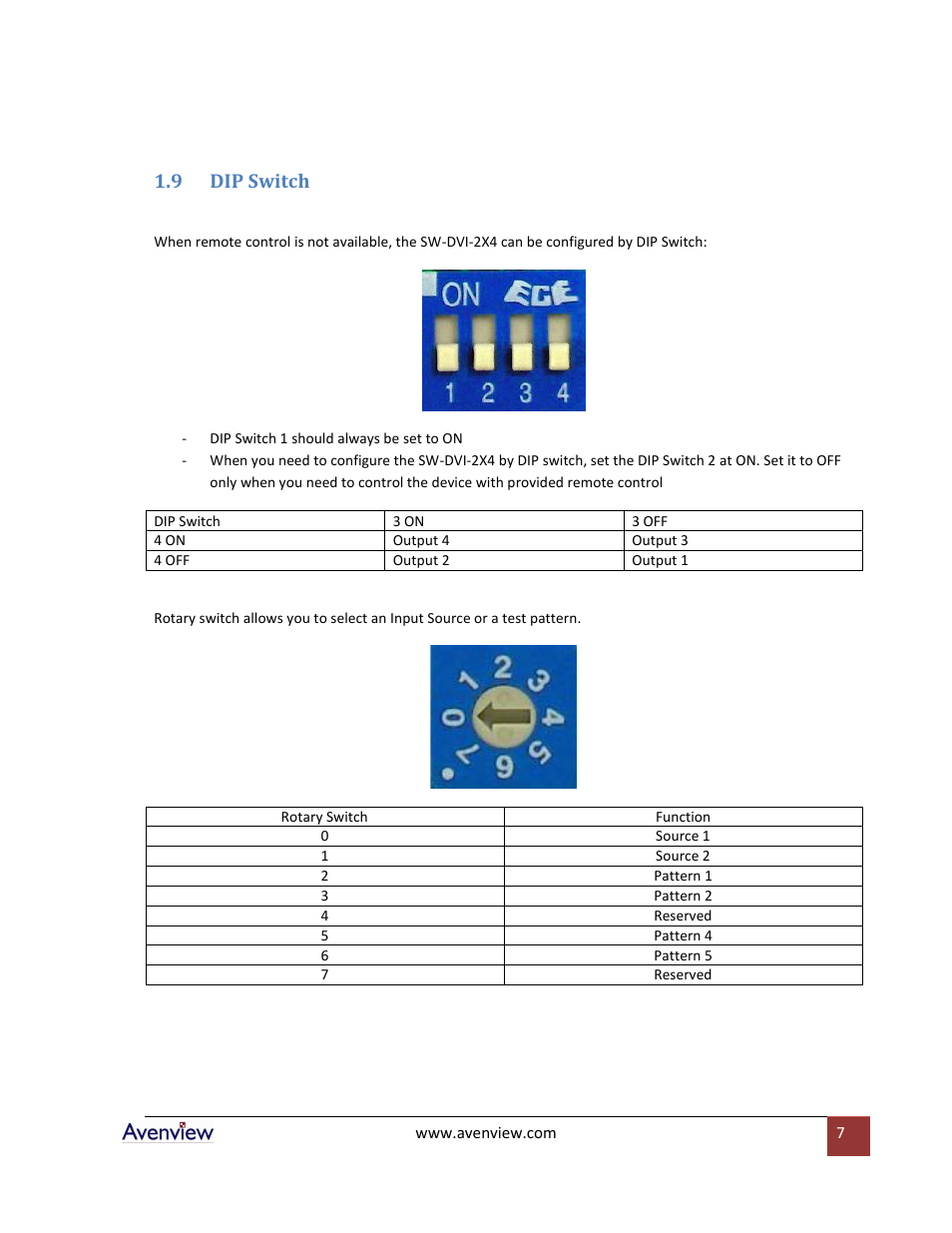 Dip switch, 9 dip switch | Avenview SW-DVI-2X4 User Manual | Page 7 / 10