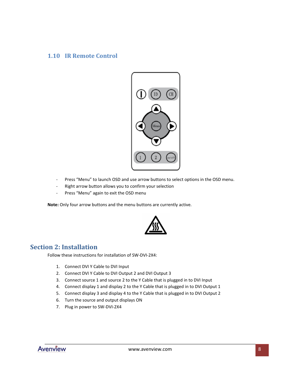 Ir remote control, Section 2: installation, 10 ir remote control | Avenview SW-DVI-2X4 User Manual | Page 8 / 10