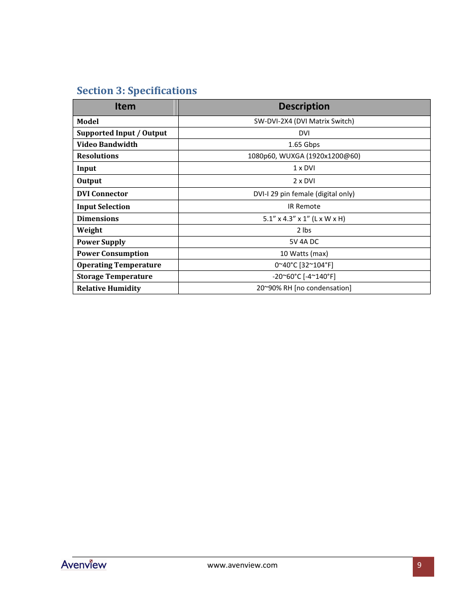Section 3: specifications | Avenview SW-DVI-2X4 User Manual | Page 9 / 10