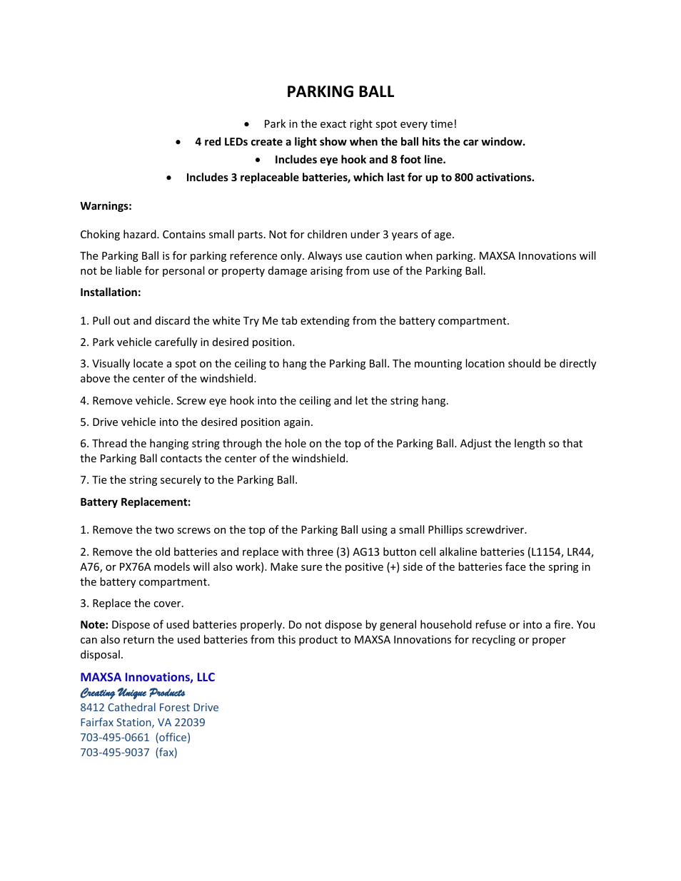 Maxsa Innovations Park Right BallPark User Manual | 1 page