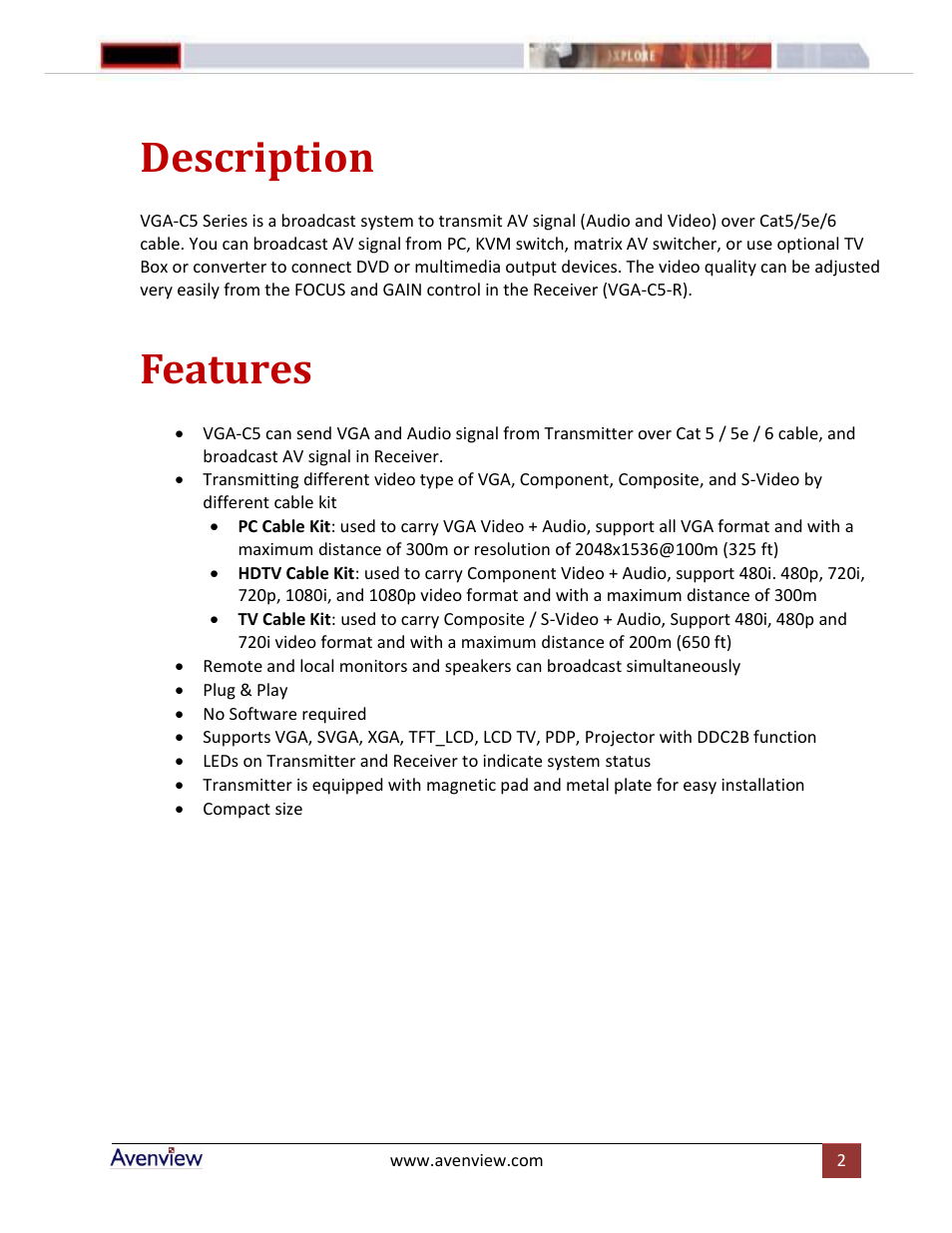 Description, Features | Avenview VGA-C5 Series User Manual | Page 2 / 6