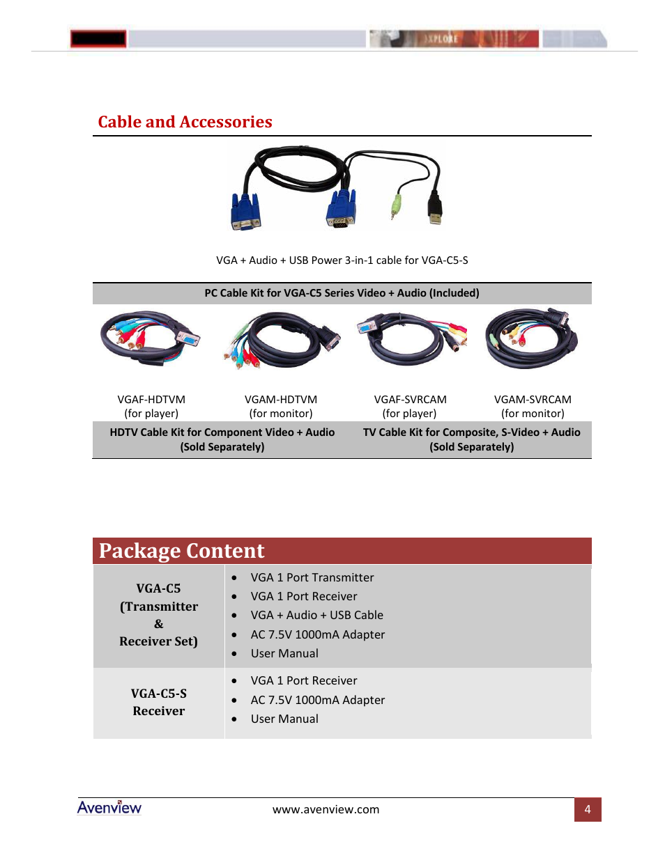 Package content, Cable and accessories | Avenview VGA-C5 Series User Manual | Page 4 / 6