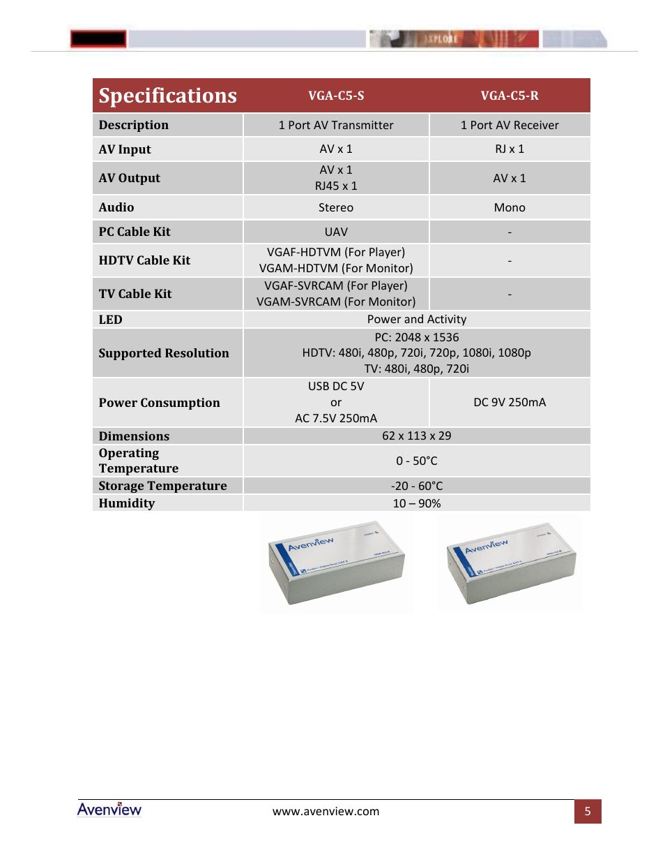Specifications | Avenview VGA-C5 Series User Manual | Page 5 / 6