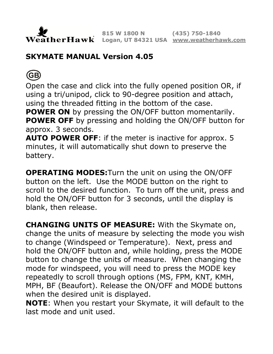Skymate manual version 4.05 | WeatherHawk SM-18 Skymate Wind Meter w/Temp & Wind Chill User Manual | Page 2 / 16