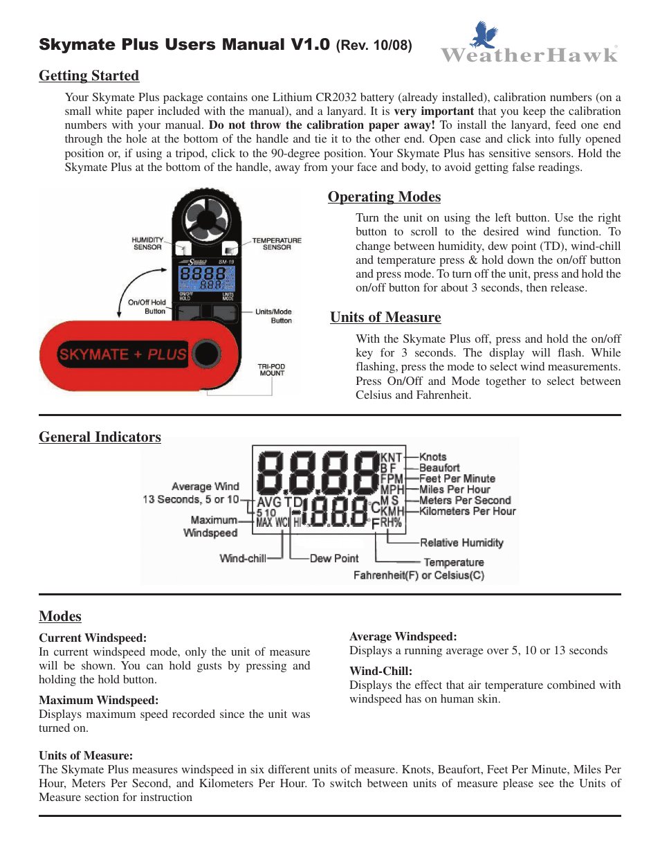 WeatherHawk SM-19 Skymate Plus w/Humidity, Dew Point, & Temp User Manual | 2 pages