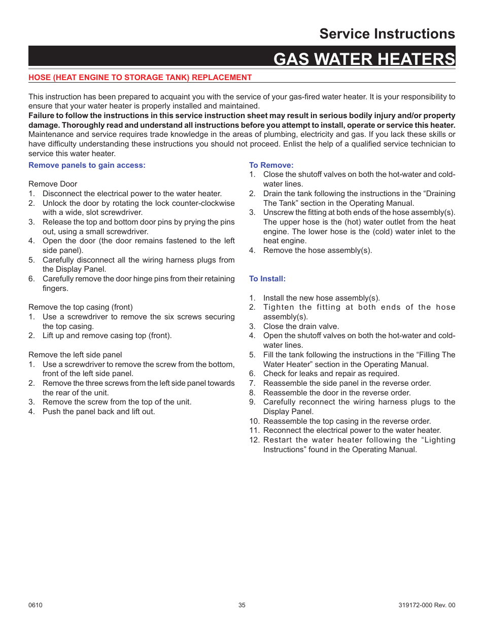 Gas water heaters, Service instructions | State GPH-90N User Manual | Page 35 / 63