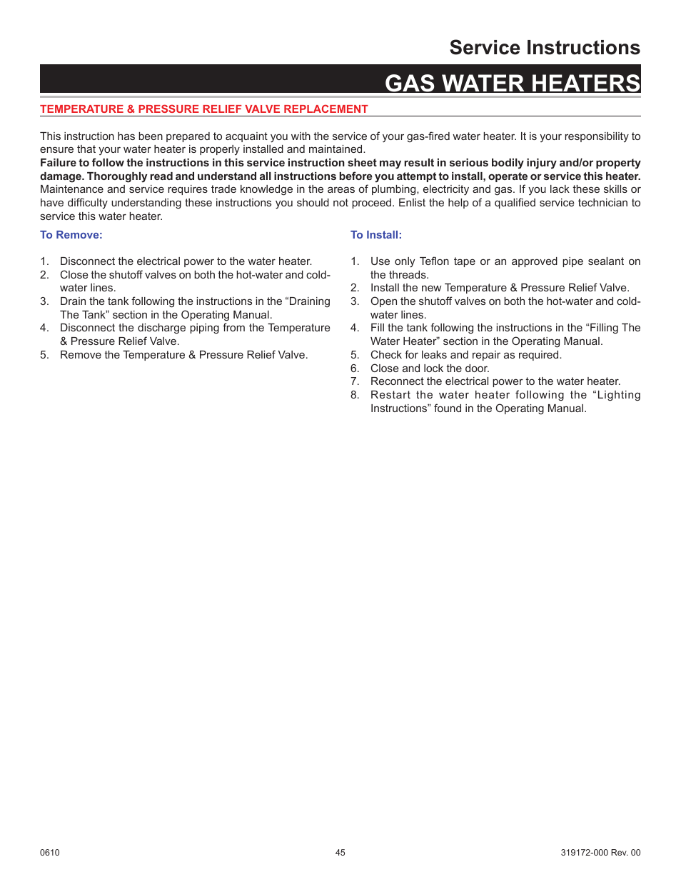 Gas water heaters, Service instructions | State GPH-90N User Manual | Page 45 / 63
